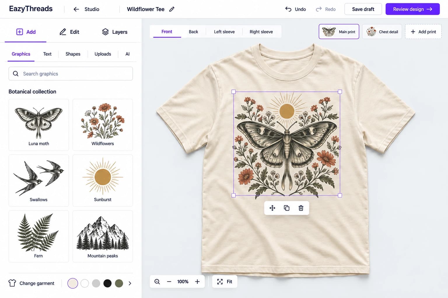 EazyThreads Design Studio preview with a browsable graphics library, Add, Edit and Layers tabs, separate print controls, and a realistic ivory T-shirt featuring detailed moth and wildflower artwork.