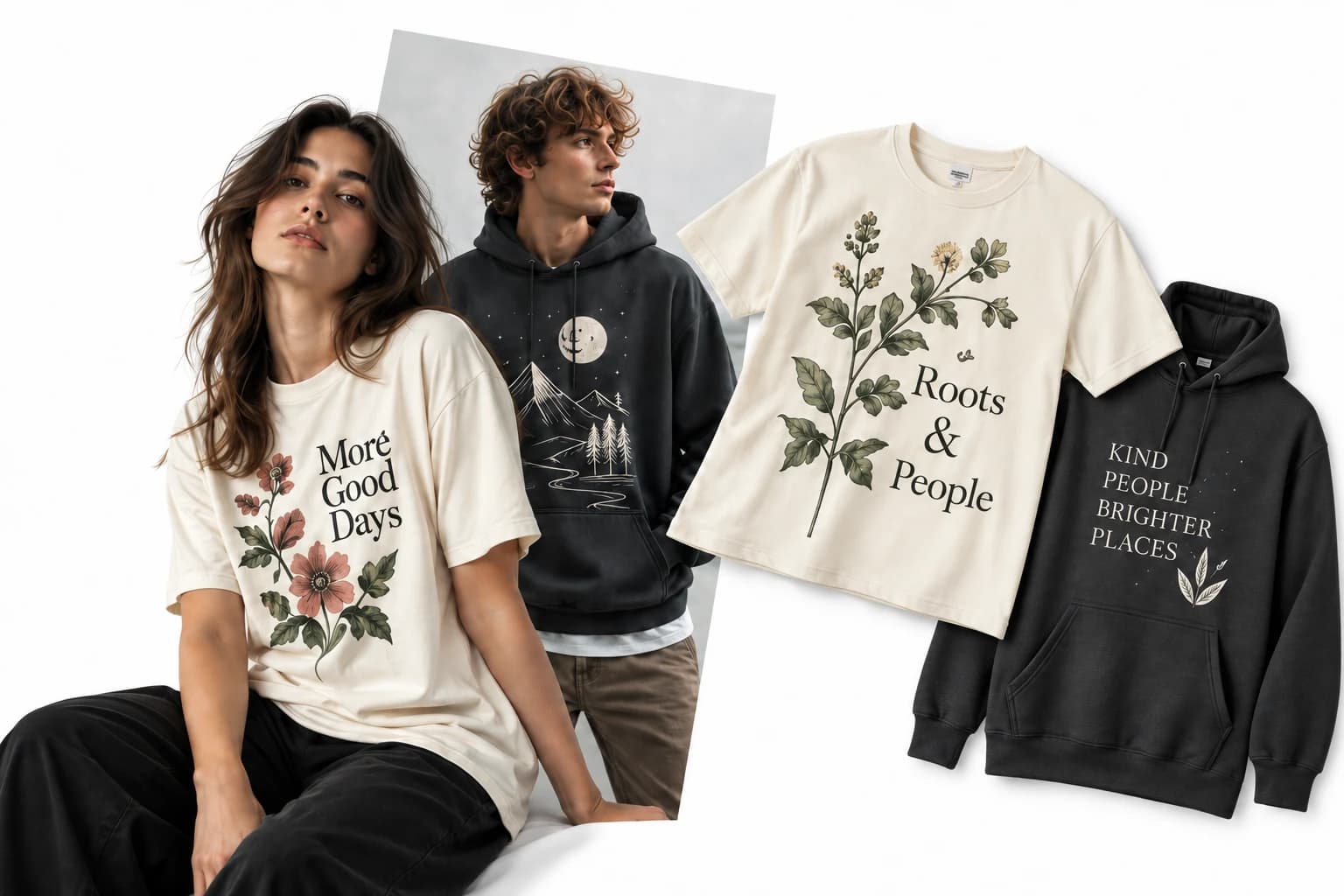 Independent printed clothing: botanical tees, mountain illustrations and expressive everyday hoodies.